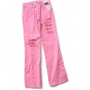 Y2K Pink Low Rise‎ Studded Ripped Flare Jeans